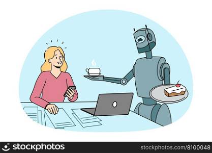 Future technologies and Artificial intelligence concept. Smiling girl sitting working and taking coffee and cake from robot bot communicating with her vector illustration. Future technologies and Artificial intelligence concept.
