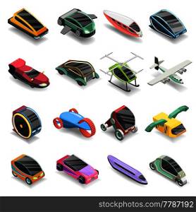 Future transport isometric icons set of conceptual vehicles of new generation isolated vector illustration. Future Transport Isometric Icons Set