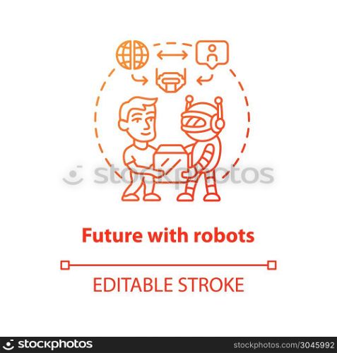 Future with robots red concept icon. Robotics in society idea thin line illustration. Interaction with innovative technologies. Contemporary delivery. Vector isolated outline drawing. Editable stroke