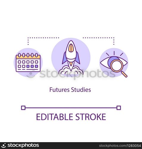 Futures studies concept icon. Futurology idea thin line illustration. Startup development. Scientific innovations. Forecasting, predicting. Vector isolated outline RGB color drawing. Editable stroke