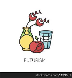Futurism RGB color icon. Abstract cultural movement. Experimental 20th century Italian visual art. Vase with flowers and apple. Still life painting. Isolated vector illustration. Futurism RGB color icon