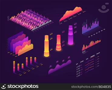 Futuristic 3d isometric data graphic, business charts, statistics diagram and infographic vector elements. Chart and graphics, growth progress pyramidal illustration. Futuristic 3d isometric data graphic, business charts, statistics diagram and infographic vector elements