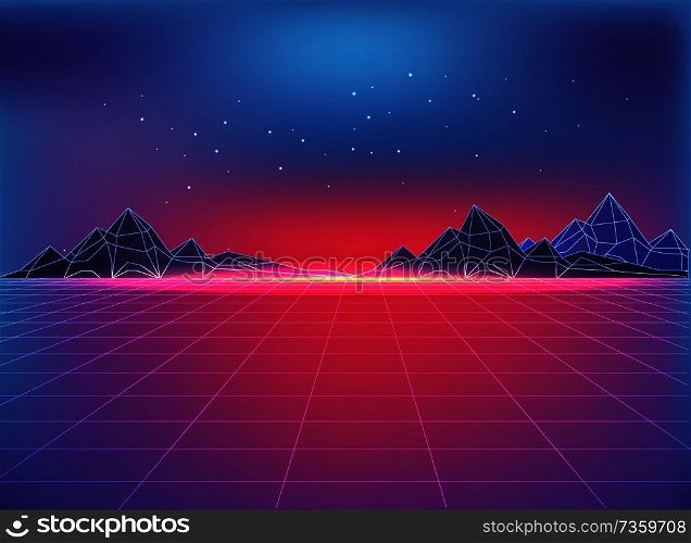 Futuristic backdrop in 80s style with cosmic motif. Grid on floor flat surface, rocky mountains at horizon and starry night sky vector illustration.. Futuristic Backdrop in 80s Style with Cosmic Motif