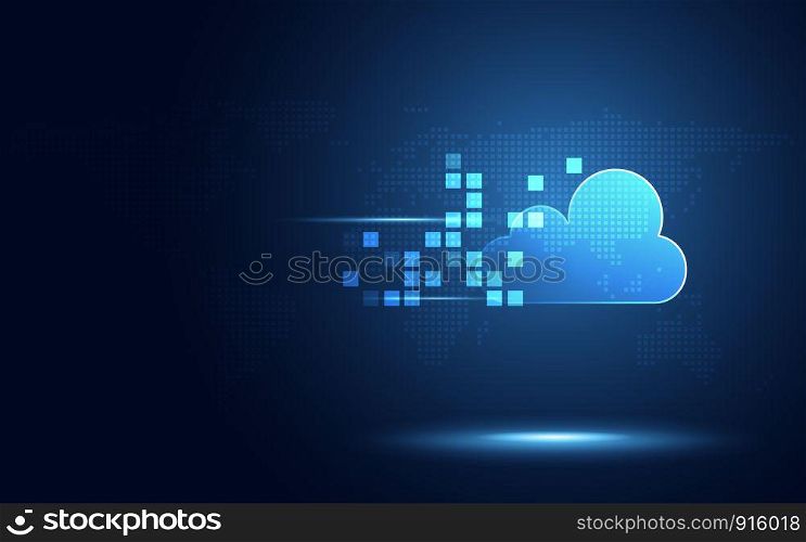 Futuristic blue cloud with pixel digital transformation abstract new technology background. Artificial intelligence and big data concept. Business industry 4.0 and 5g wifi data storage communication.