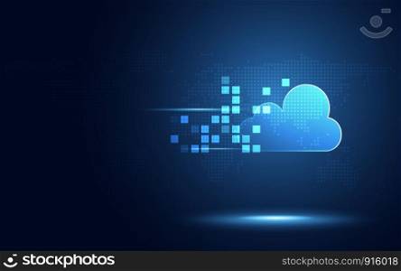Futuristic blue cloud with pixel digital transformation abstract new technology background. Artificial intelligence and big data concept. Business industry 4.0 and 5g wifi data storage communication.