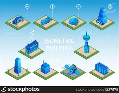 Futuristic Buildings Set. Modern Architecture Real Estate Objects Designs. Data Center, Subway, Skyscrapers Facades in Big City, Urban Technology. 3D Isometric Vector Illustration. Horizontal Banner.. Futuristic Buildings, Modern Real Estate Objects