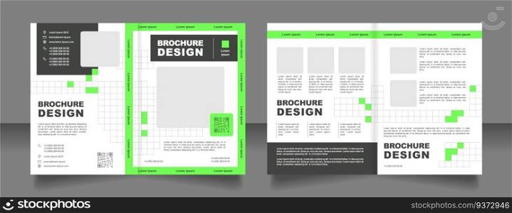Futuristic busi≠ss solutions bifold brochure template design. Marketing material with QR code. Half fold book≤t mockup set with©space for text. Editab≤2 paper pa≥≤af≤ts. Arial font used. Futuristic busi≠ss solutions bifold brochure template design