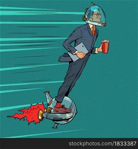 Futuristic businessman astronaut is flying on an electric unicycle, a man is drinking morning coffee. Pop art retro vector illustration kitsch vintage 50s 60s style. Futuristic businessman astronaut is flying on an electric unicycle, a man is drinking morning coffee