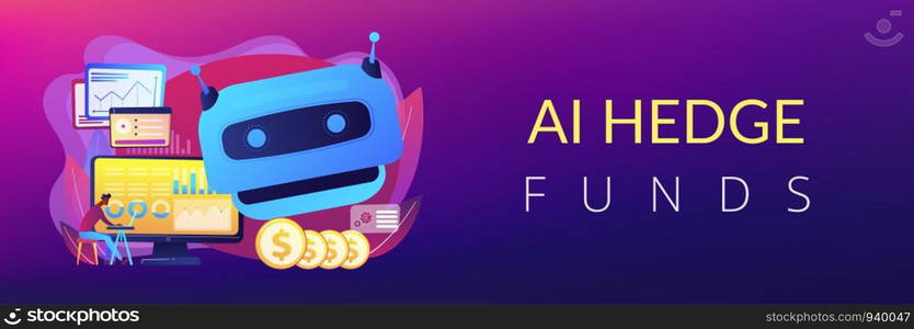 Futuristic calculating machine, business analysis assistance. Artificial intelligence in financing, robo finance advisor, AI hedge funds concept. Header or footer banner template with copy space.. Artificial intelligence in financing concept banner header.