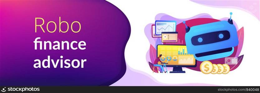 Futuristic calculating machine, business analysis assistance. Artificial intelligence in financing, robo finance advisor, AI hedge funds concept. Header or footer banner template with copy space.. Artificial intelligence in financing concept banner header.