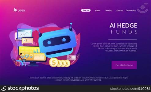 Futuristic calculating machine, business analysis assistance. Artificial intelligence in financing, robo finance advisor, AI hedge funds concept. Website homepage landing web page template.. Artificial intelligence in financing concept landing page.
