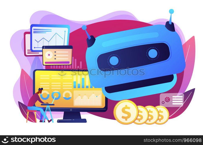 Futuristic calculating machine, business analysis assistance. Artificial intelligence in financing, robo finance advisor, AI hedge funds concept. Bright vibrant violet vector isolated illustration. Artificial intelligence in financing concept vector illustration