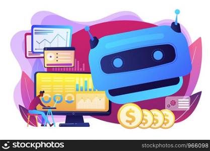 Futuristic calculating machine, business analysis assistance. Artificial intelligence in financing, robo finance advisor, AI hedge funds concept. Bright vibrant violet vector isolated illustration. Artificial intelligence in financing concept vector illustration