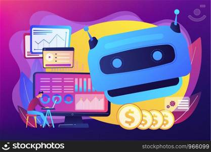 Futuristic calculating machine, business analysis assistance. Artificial intelligence in financing, robo finance advisor, AI hedge funds concept. Bright vibrant violet vector isolated illustration