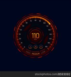 Futuristic car speedometer gauge dial, vector car dashboard LED speed meter. Car speedometer with orange neon gauge for mph, fuel and engine or battery indicators, digital auto tachometer panel. Futuristic car speedometer gauge dial, LED meter
