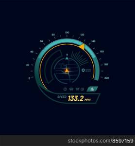 Futuristic car speedometer gauge dial with navigation map. Automobile speed meter futuristic vector display with navigation route pointer. Vehicle tachometer indicator or car speedometer digital gauge. Car futuristic speedometer with navigation map