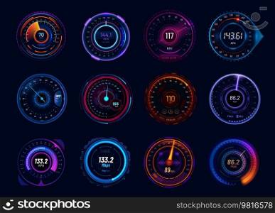 Futuristic car speedometer gauge dials. Neon led speed meter, vehicle tachometer or acceleration boost vector indicators, internet connection download ping test meter with speed info, glowing arrows. Futuristic car speedometer gauge neon dials