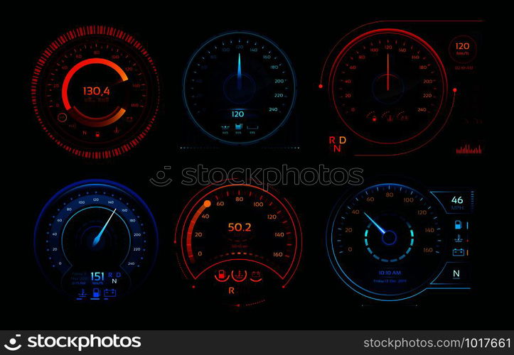 Futuristic car speedometer. Speed hud kilometer performance indicators dashboard, gas and fuel level analog panels or automobile race sports rpm technology vector isolated icons collection. Futuristic car speedometer. Speed hud kilometer performance indicators dashboard, gas and fuel level analog panels vector collection