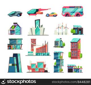 Futuristic cars. Cyber city future buildings and vehicles modern architectural objects skyscrapers and smart automobiles vector flat pictures. Illustration of city futuristic building and vehicle. Futuristic cars. Cyber city future buildings and vehicles modern architectural objects skyscrapers and smart automobiles garish vector flat pictures