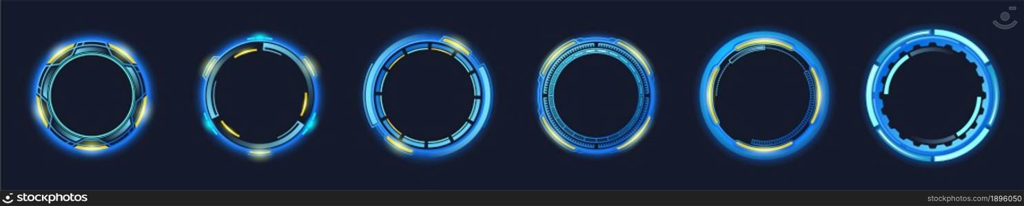 Futuristic circle frames, cartoon space or hud ski-fi round technology borders, isolated tech portals for game, ui graphic design elements for virtual reality, gamer panel or dashboard, Vector set. Futuristic circle frames, round technology borders