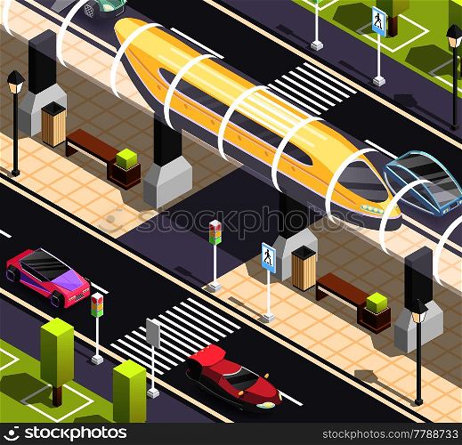 Futuristic city constructor isometric background with road sidewalk cars and high speed tram vector illustration . Futuristic Transport Isometric Background