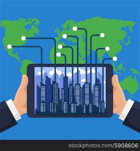 Futuristic city in modern device phone from different parts of world cartoon flat design style. Futuristic city in modern device phone