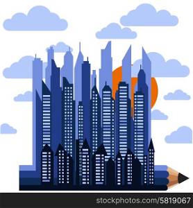 Futuristic city on pencil in clouds with sun on white background cartoon flat design style