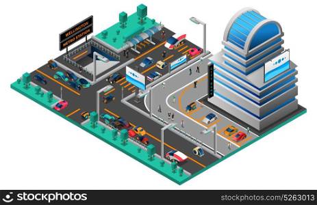 Futuristic Cityscape Isometric Composition. Futuristic cityscape isometric composition with building cars of new generation road and metro station vector illustration