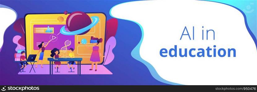 Futuristic classroom, little children study with high tech equipment. Smart spaces at school, AI in education, learning management system concept. Header or footer banner template with copy space.. Smart spaces concept banner header