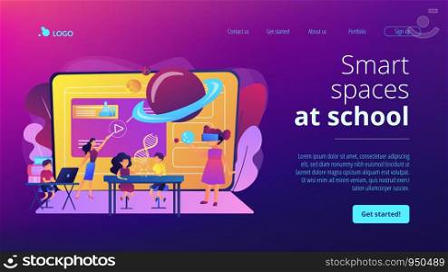 Futuristic classroom, little children study with high tech equipment. Smart spaces at school, AI in education, learning management system concept. Website homepage landing web page template.. Smart spaces concept landing page