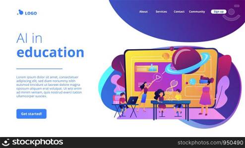 Futuristic classroom, little children study with high tech equipment. Smart spaces at school, AI in education, learning management system concept. Website homepage landing web page template.. Smart spaces concept landing page