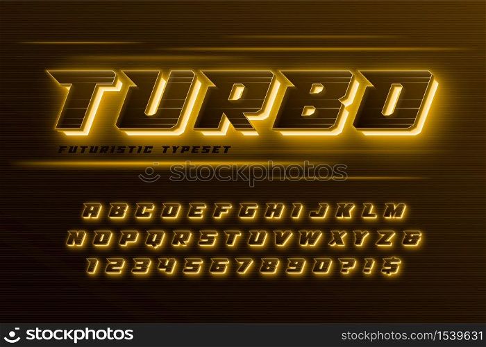 Futuristic dynamic alphabet, extra glowing space design, creative characters set. Vector illustration. Futuristic dynamic alphabet, extra glowing space design