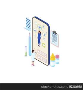 Futuristic ehealth system isometric illustration. Cartoon doctor, physician studying patient health info from smartphone screen. Telemedicine technology. Distant medical consultation service