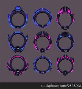 Futuristic frames of black metal border for avatar in game interface with level or grade. Vector cartoon set of gui elements in sci fi style, empty frames with blue and pink glow. Futuristic frames for game avatar with grade