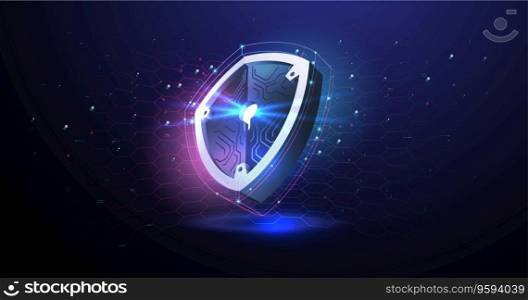 Futuristic glowing guard shield. Abstract security digital technology background. Protect and Security of Safe concept.
