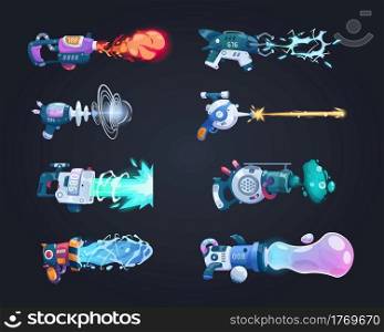 Futuristic guns. Cartoon game weapon shoots laser beam or plasma. Isolated blaster attack with flame stream or lightning bolts. Space alien combat weaponry set. Vector fictional energy handguns. Futuristic guns. Cartoon game weapon shoots laser beam or plasma. Isolated blaster attack with flame stream or lightning bolts. Space combat weaponry set. Vector fictional handguns