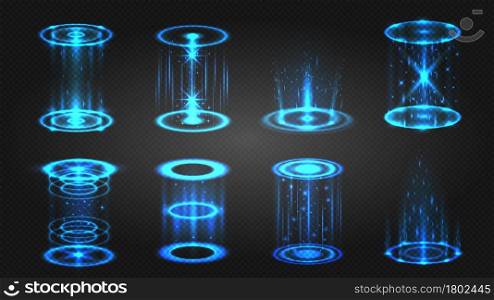 Futuristic hologram portal, magic teleport or level up effect. Glowing neon circle with light sparkles for game. Digital podium vector set. Illustration hologram futuristic circle, portal light. Futuristic hologram portal, magic teleport or level up effect. Glowing neon circle with light sparkles for game. Digital podium vector set