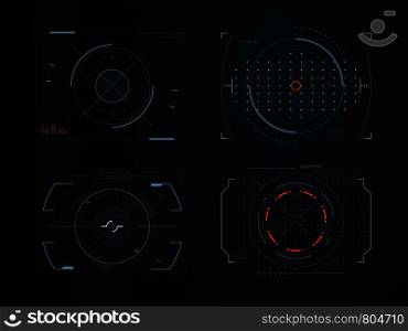 Futuristic hud virtual control panels. Hologram touch screen high tech vector design. Panel system interactive, gaming indicator illustration. Futuristic hud virtual control panels. Hologram touch screen high tech vector design