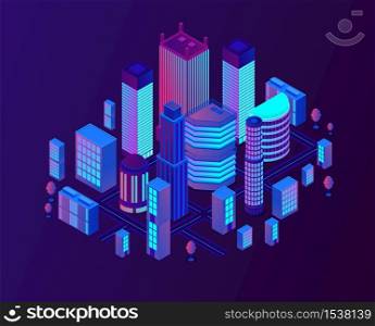 Futuristic illuminated city, buildings with neon lights. Modern houses of different hight and shape. Skyscrapers in contemporary town vector illustration.