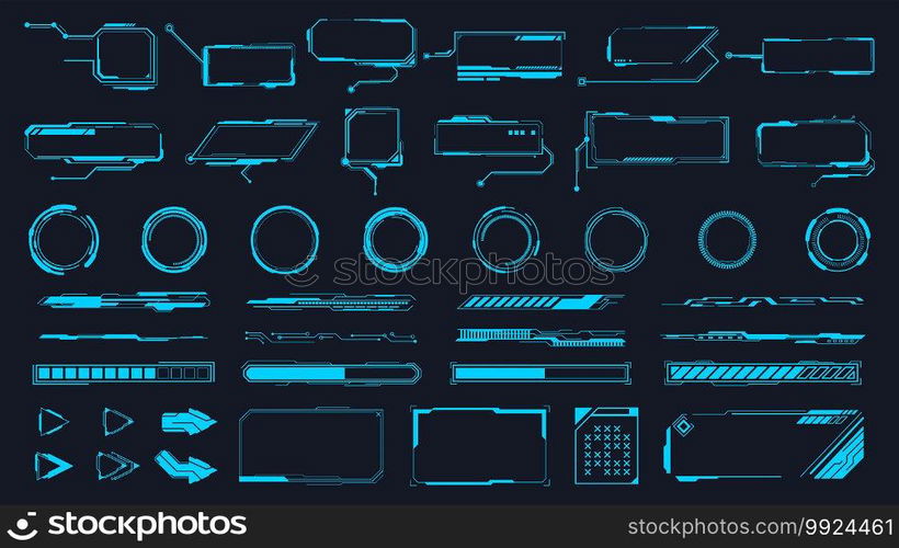 Futuristic interface ui elements. Holographic hud user interface elements, high tech bars and frames. Hud interface icons vector illustration set. Circle and rectangular shape borders. Futuristic interface ui elements. Holographic hud user interface elements, high tech bars and frames. Hud interface icons vector illustration set