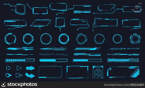 Futuristic interface ui elements. Holographic hud user interface elements, high tech bars and frames. Hud interface icons vector illustration set. Circle and rectangular shape borders. Futuristic interface ui elements. Holographic hud user interface elements, high tech bars and frames. Hud interface icons vector illustration set