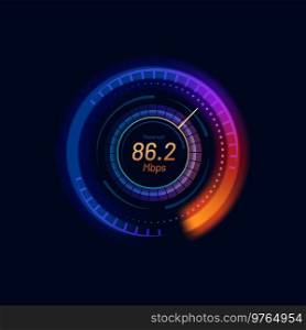 Futuristic Internet speed meter dial with neon gauge and arrow. Web connection, network or information download speed vector indicator. Internet bandwidth, WI-FI signal strength test app display. Internet speed meter dial with gauge and arrow