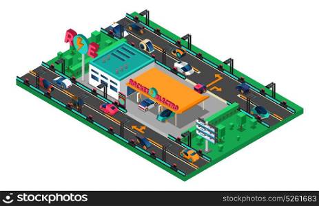 Futuristic Isometric Concept. Futuristic isometric concept with cars of new generation charging station billboards trees vector illustration