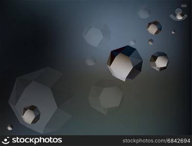 Futuristic low poly rocks - asteroids in the space on dark grey background. Good for science and education. Vector.