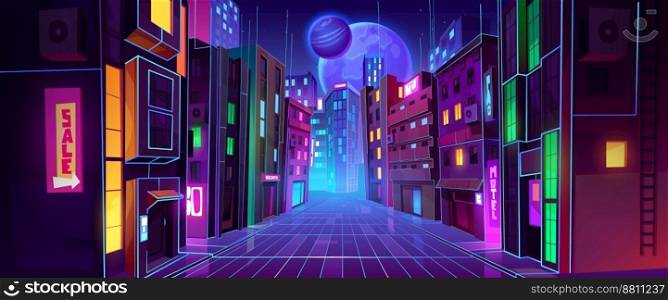 Futuristic metaverse city background with modern architecture and colorful illumination. Contemporary vector illustration of night megalopolis with skyscrapers, neon signs, alien planets in dark sky. Futuristic metaverse city background