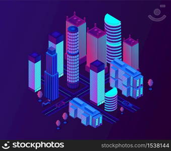 Futuristic metropolis city with neon glowing skyscrapers. Town with building, road and cars, trees. Modern purple streets vector illustration.