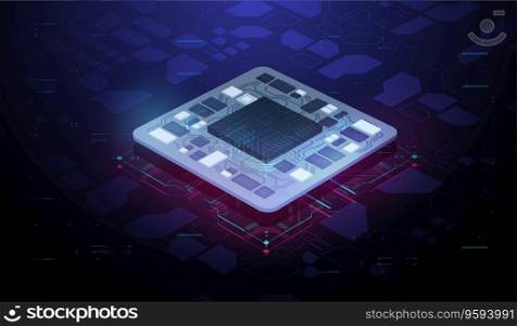 Futuristic microchip processor. Modern CPU illustration . Quantum computer database concept. Tech Futuristic Template. Central Computer Processors. Digital chip with HUD elements.