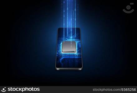 Futuristic microchip processor with backlight on the phone in blue. Quantum phone, big data processing, database concept. vector illustration.