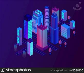 Futuristic neon city with high building. Night smart town with skyscrapers and roads. Modern architecture, streets with houses flat vector illustration.