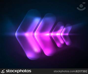 Futuristic neon glowing arrows techno background. Futuristic neon glowing arrows techno background, abstract 3d technology lines. Transparent direction shapes on color backdrop. Geometric minimal abstract background with light effects
